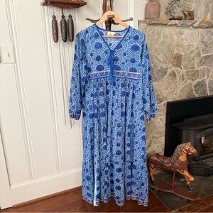 Handmade Block Print Blue Floral Maxi Dress